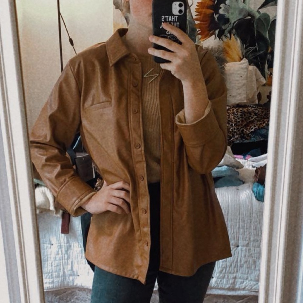 Brown Faux Leather Button Down Shirt